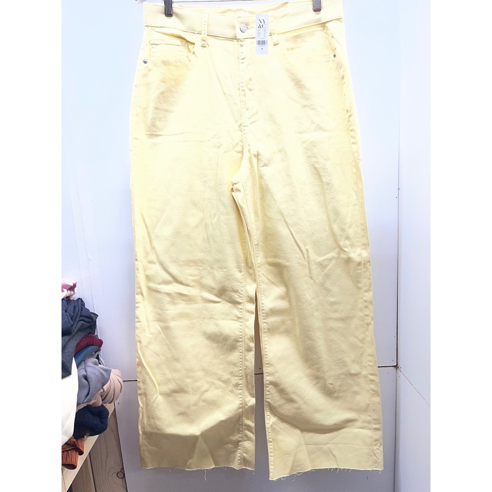 New York & Company Ultra High Rise Wide Leg Yellow Jeans Raw Hem Size 14 NWT